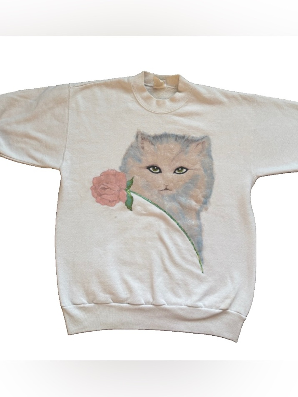 Vintage Cat Sweatshirt Short Sleeve 80s 90s Handmade Art Womens Medium